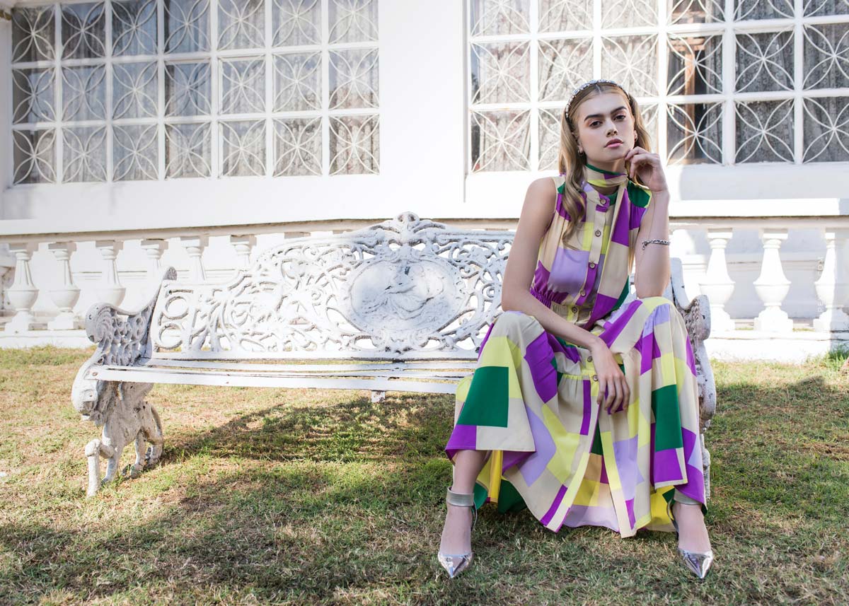 model-agency-management-young-models-bench-park-blond-colourful-dress